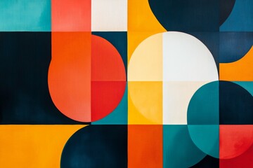 Poster - This artwork showcases a lively abstract painting composed of geometric patterns including circles, rectangles, and squares in an array of vibrant colors like yellow, teal, orange, and white.