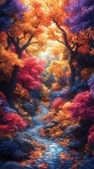 Wall Mural - psychedelic autumn forest swirling fractal leaf patterns neonbright fall colors digital art style su