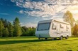 © LimeSky - White RV on a green campsite lawn Sunny spring day in Europe Lifestyle travel ecotourism road trip