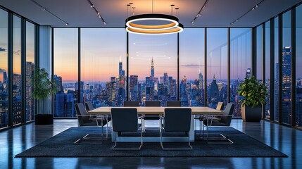 Canvas Print - Modern Office with City Skyline View at Dusk