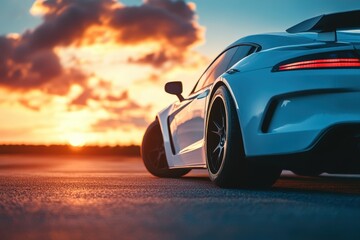 Poster - White sports car with no branding in the sunset