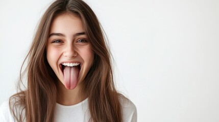 A woman with long hair is smiling and sticking out her tongue