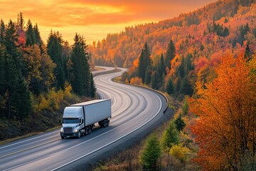 White truck driving on forested highway at autumn sunset