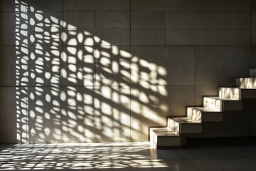 Aufkleber - Shadows cast in a geometric pattern by sunlight falling through a decorative screen onto a modern staircase, emphasizing light, design, and contemporary architectural style.