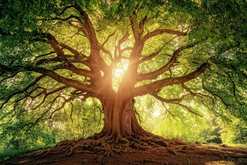 A majestic tree with extensive branches and roots is beautifully illuminated by sunlight, showcasing the natural beauty and serenity of the forest atmosphere.