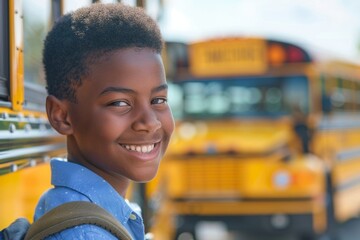 A young boy is smiling and standing next to a yellow school bus