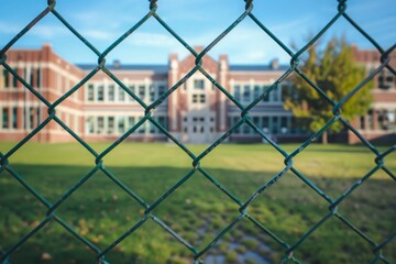 School building behind a metal fence