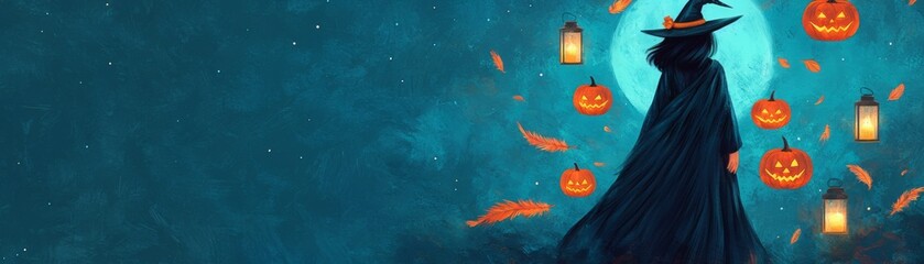 A Halloween-themed illustration featuring a witch in a dark forest, surrounded by glowing jack-o'-lanterns, lanterns, and autumn leaves