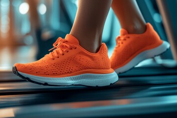 A runner man exercises on a treadmill wearing footwear.