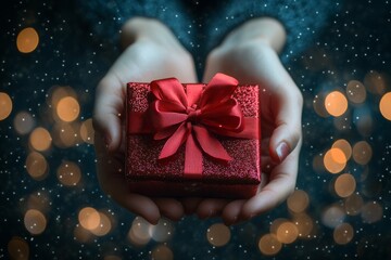 hands are giving a gift in a box wrapped in a shiny red paper with a box, against bokeh background. Valentine, birthday or Christmas concept