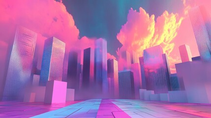 Wall Mural - Futuristic Cityscape with Pink and Blue Sky