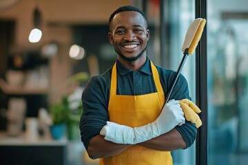 Cheerful african office cleaner in apron and gloves smiling while holding a mop for portrait shot