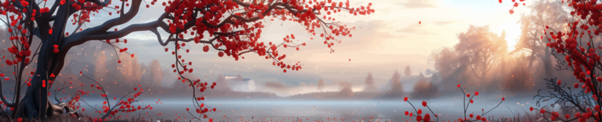 autumn tree with red leaves overlooks a serene, misty lake at sunrise, surrounded by soft, glowing l