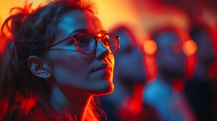 Young woman in glasses enjoying a concert in a crowd illuminated with vibrant lights.