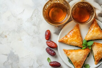 Poster - Middle Eastern food concept featuring traditional spinach hand pies dates and tea on a white background