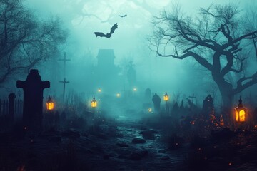 Eerie halloween night scene featuring haunting graveyard, foggy forest, and flickering lanterns