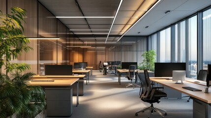 Poster - Modern Office Interior with Wood Paneling, Glass Partitions, and City Views