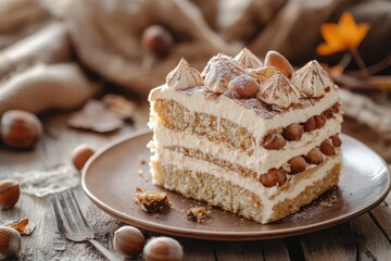 Wall Mural - Mont Blanc chestnut cake on brown backdrop with selective focus