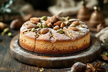 Poster - New chestnut cake with almond and pistachio topping