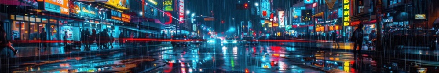 Wall Mural - Wet street with colorful graffiti on the walls, reflecting vibrant neon lights after rain at night. Free copy space for banner.