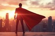 © LimeSky - Red caped businessman on rooftop with city backdrop symbolizing leadership and success