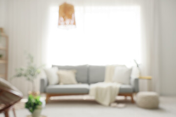 Wall Mural - Comfortable sofa with plaid, houseplants and pouf in interior of living room. Blurred view