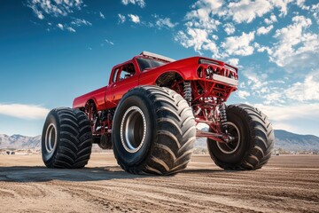 Red monster truck seen from behind