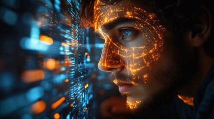 Wall Mural - Man's Face Illuminated by Digital Network with Blue and Orange Glow