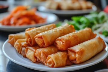 Canvas Print - Selective focus image of spring rolls on white dish in kitchen