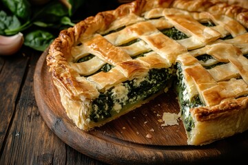 Sticker - Slice pie with spinach and cheese on wood table