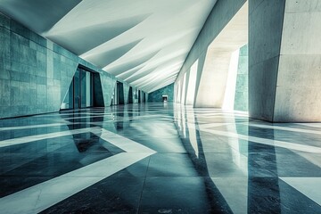 Aufkleber - A futuristic architectural hallway featuring a reflective marble floor and geometric ceiling design, creating an expansive and airy atmosphere in the room.