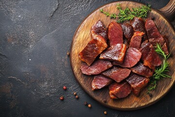 Canvas Print - Smoked duck breast jerky perfect for snacking or as a rustic appetizer Top view on wooden table with copy space background