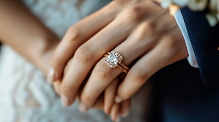 Close-up of a man holding a woman's hand while wearing a diamond-encrusted golden wedding ring. engagement ring prior to the proposal. opulent wedding bands