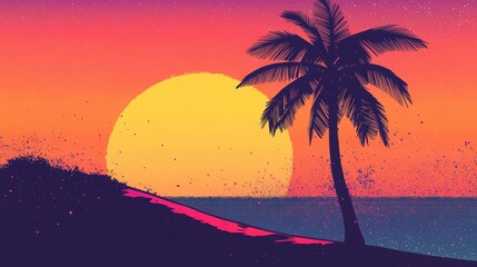 Retro Pop Palm Tree Silhouette at Sunset - 80s Inspired Tropical Illustration in Bold Colors