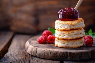 Poster - Southern biscuit with raspberry or strawberry jam shallow depth of field focusing on jam