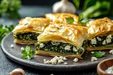 Canvas Print - Spanakopita traditional Greek pastry with spinach feta herbs baked golden