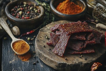 Poster - Spiced beef jerky on rustic table