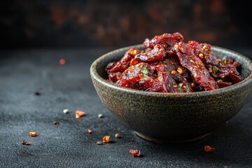 Sticker - Spicy beef jerky in a bowl on dark background