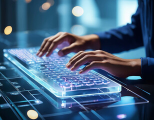 A close-up of hands typing on a futuristic transparent keyboard with holographic displays ho