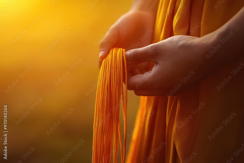 Thai Buddhist monk holding holy thread close up shot ordination ...
