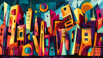 Wall Mural - Abstract cubist cityscape with vibrant colors and geometric shapes, depicting a modern and dynamic urban environment. Cubist. Illustration