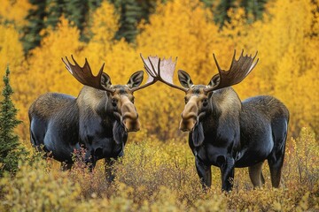 Two Moose with Antlers Facing Each Other in an Autumn Forest