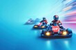 © LimeSky - Three kart riders race indoors on blue background Fast cart racing with speed banner and copy space