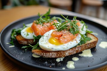 Upscale meal with poached eggs salmon and greens on gluten free toast for restaurant menu