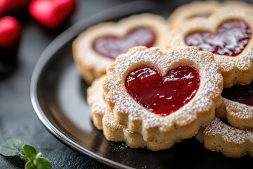 Canvas Print - Valentine s Day cookies Austrian Linzer biscuits with jam for breakfast Close up