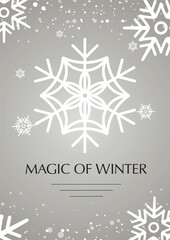 Wall Mural -  Elegant winter themed design with soft gray background, white snowflakes, for printed or digital flyers advertising holiday sales, winter workshops, Christmas parties, or New Year events.