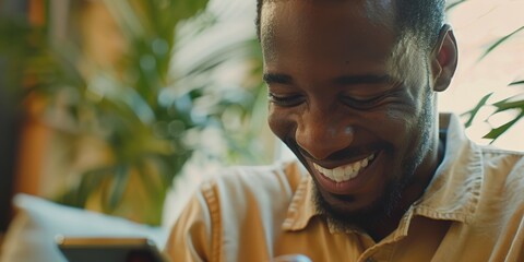 Joyful man using his phone at home, smiling while browsing social media and searching online for shopping and messages