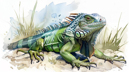 Watercolor green iguana,Big light green lizard illustration on white background