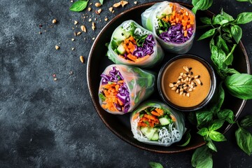 Poster - Vegan Vietnamese spring rolls with peanut sauce veggies and rice noodles