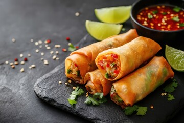 Wall Mural - Vegetable spring rolls with lime chili sauce